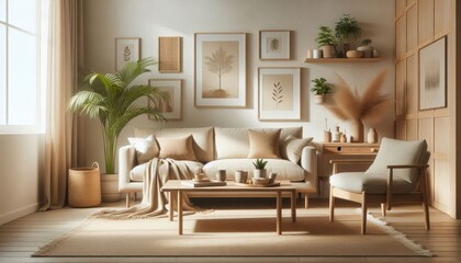 Cozy living room, neutral color palette, beige sofa, wooden coffee table, framed botanical prints, potted plants, natural light, textured throw pillows, woven basket, minimalist decor, earth tones, so
