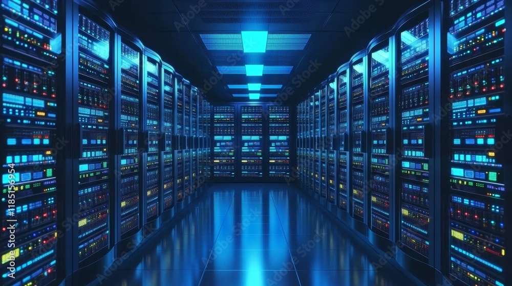 Aufkleber futuristic data center interior with rows of server racks illuminated by blue led lights in a high-t