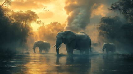 Large elephant leading a herd walking down a foggy river during sunset