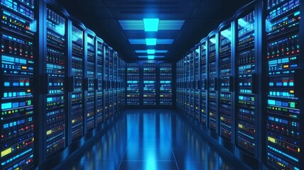 Fototapeta premium Futuristic Data Center Interior with Rows of Server Racks Illuminated by Blue LED Lights in a High-Tech Environment for Digital Infrastructure and Cloud Computing