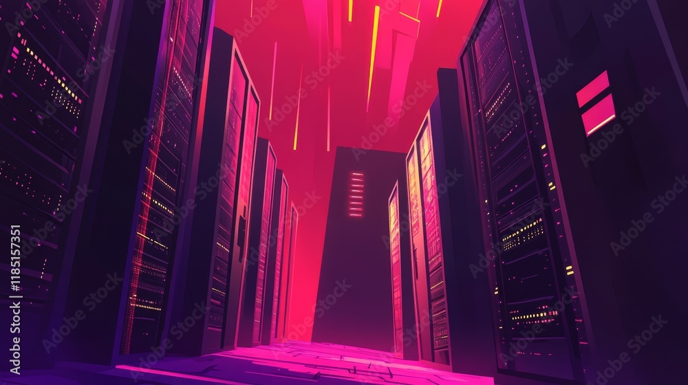 Poster futuristic data center with vibrant colors and high-tech server racks displaying advanced network ar