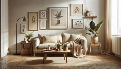 Cozy living room, neutral color palette, beige sofa, wooden coffee table, framed botanical prints, potted plants, natural light, textured throw pillows, woven basket, minimalist decor, earth tones, so
