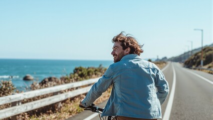 Fototapeta premium Man in light blue jacket cycling along ocean road wind tousling hair feeling free under clear sky
