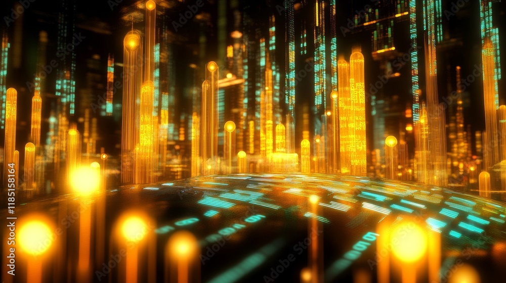 Poster futuristic digital landscape with glowing data streams and abstract technology elements representing