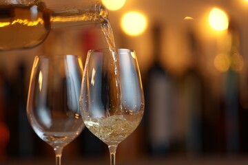 Pouring white wine into glass against blurred background with festive lights, closeup and space for text. Bokeh effect