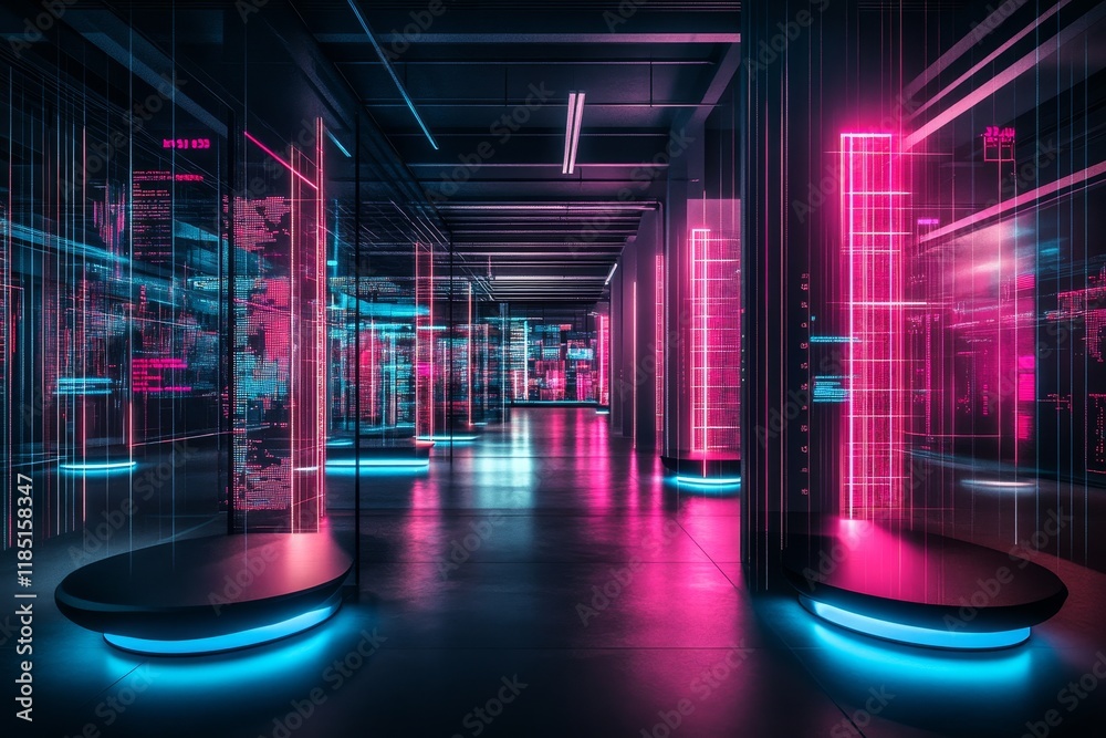 Poster futuristic digital space with neon lights and abstract patterns showcasing advanced technology and v