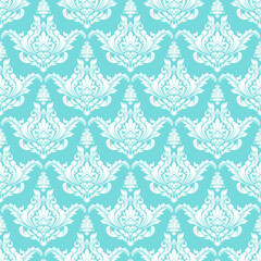 Bright aqua damask pattern with white baroque motifs, ideal for vibrant wallpaper, stylish backgrounds, wedding décor, and fresh decorative design projects.