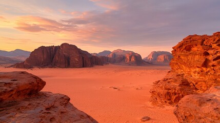 Wilderness and desert pristine, A stunning desert landscape at sunset, featuring red rocks and distant mountains under a colorful sky.