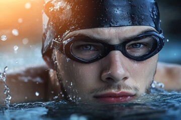 Male in a pool: swimmer close-up, aquatic skill, water splash, athletic effort, freestyle focus, rippling waves, diving motion, competitive edge, muscular form, swimming precision, fitness drive.