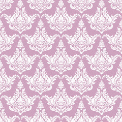 Elegant mauve damask pattern with ornate white baroque motifs, ideal for classic wallpaper, luxury backgrounds, wedding decor, and refined decorative design. © MedReda