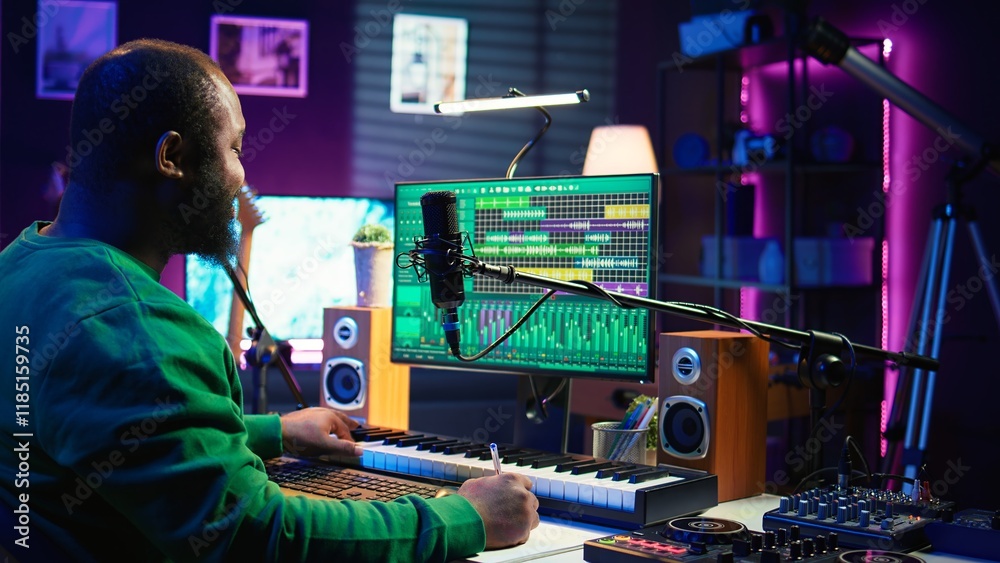 Aufkleber songwriter taking notes to create new tracks for an album in his home studio, writing lyrics and har