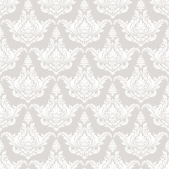 Neutral beige damask pattern with ornate white baroque motifs, perfect for elegant wallpaper, luxury backgrounds, wedding decor, and timeless decorative projects.