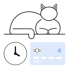 Relaxed cat outline next to clock and contactless card. Ideal for time management, digital payments, relaxation, multitasking, modern living, scheduling, abstract line flat metaphor