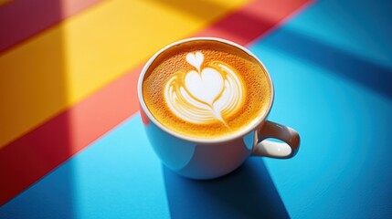 Vibrant latte art cups featuring pop-art comic characters on brightly colored abstract tables,...