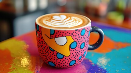 Vibrant latte art cups featuring pop-art comic characters on brightly colored abstract tables,...