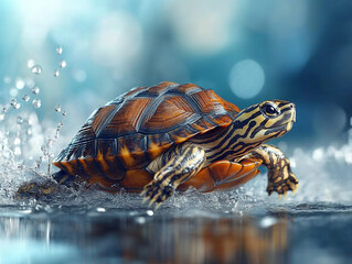 Obraz premium Turtle swimming through clear water with splashes