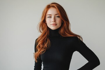 Fototapeta premium Portrait of young woman with vibrant red hair in black turtleneck