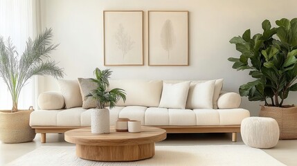 Naklejka premium Minimalist living room, neutral tones, beige couch, wooden coffee table, large potted plants, fiddle leaf fig, botanical wall art, woven baskets, natural textures, organic shapes, calm atmosphere, Sca