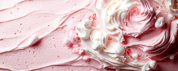 Pink icing swirling with white meringue creating a sweet textured background