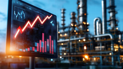digital display with rising graph near industrial plant at dusk