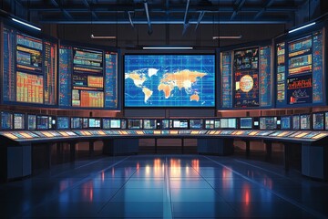 High-Tech Control Room with Multiple Screens Displaying Global Data and Map Visualizations for Monitoring and Analysis of Information Systems