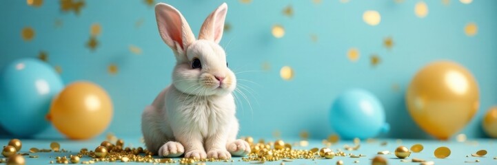 Obraz premium Bunny surrounded by gold decorations and blue balloons, happy new year, lunar new year, zodiac sign