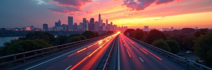 City skyline with blurred highway overpass during sunset, buildings, architecture, cityscape