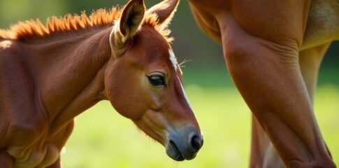 Fototapeta premium Close-up of foal drinking from mother's udder , horse, natural, foal