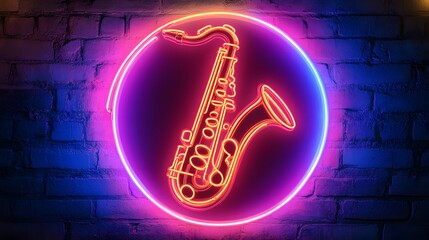 Naklejka premium Neon Saxophone Sign On Brick Wall