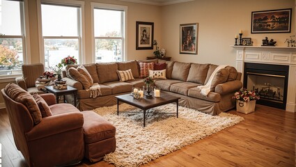 Cozy living room with plush sofa earth toned pillows shaggy rug and candles exuding warmth and relaxation