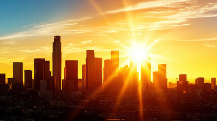 Sunset over city skyline with vibrant colors and dramatic light
