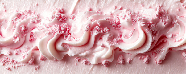 Pink buttercream icing swirls decorated with crushed candy on cake