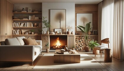 Fototapeta premium Cozy living room, warm fireplace, cream sofa, wooden coffee table, bookshelves, framed artwork, stacked firewood, soft lighting, rustic modern decor, earth tones, intimate atmosphere, hygge interior, 