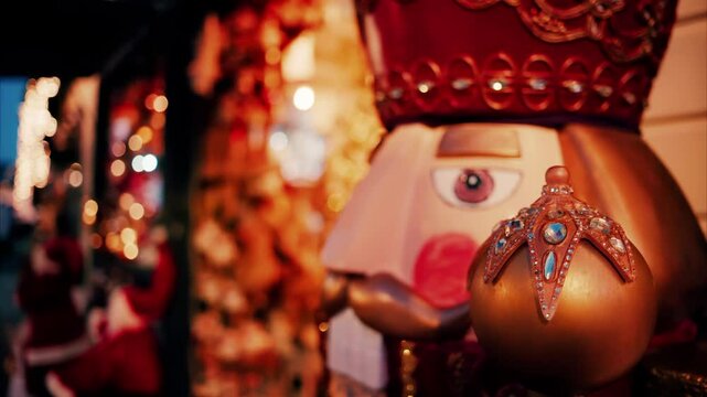 Close up of a big nutcracker figurine with blurry lights on the background