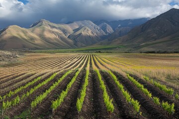 Lush Green Vineyard in Breathtaking Landscape with Rolling Mountains Under Dramatic Clouds and Clear Blue Sky in a Serene Natural Setting