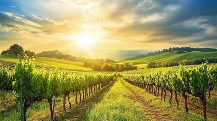 Naklejka premium Lush Green Vineyards Stretching into the Horizon Under a Colorful Sunset in the Countryside, Showcasing the Beauty of Nature and Agricultural Life
