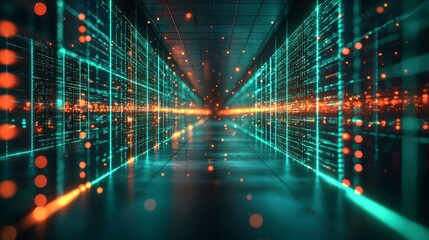 Abstract digital corridor with glowing data streams.