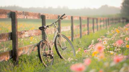Naklejka premium bicycle leaning against rustic fence surrounded by spring flowers