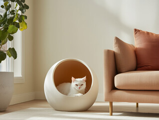 Cat in Modern Cozy Living Room with Stylish Furniture and Natural Light