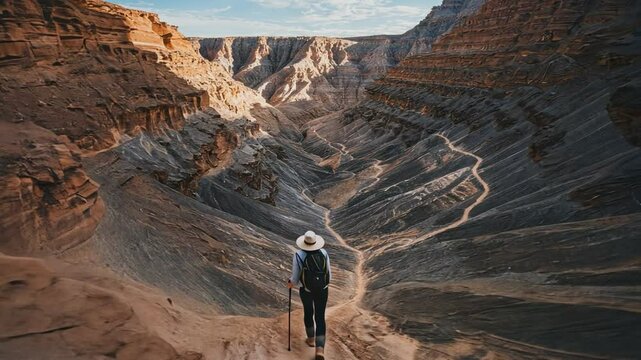 A solitary hiker ventures through a rugged canyon, the winding path leading to the unknown, a sense of wonder and adventure fills the air.
