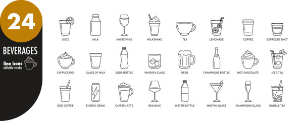 Beverages, drinks editable stroke thin line icons set. Juice, coffee, cappuccino, espresso, milk, hot chocolate, bubble tea, soda, water, champagne, wine, milkshake, tea, whiskey, vector illustration
