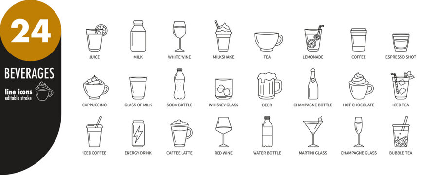 Beverages, drinks editable stroke thin line icons set. Juice, coffee, cappuccino, espresso, milk, hot chocolate, bubble tea, soda, water, champagne, wine, milkshake, tea, whiskey, vector illustration