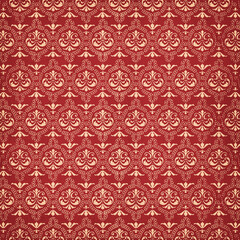 Vintage red damask pattern with ornate circular baroque motifs, ideal for classic wallpaper, rich backgrounds, holiday designs, and elegant decorative projects.