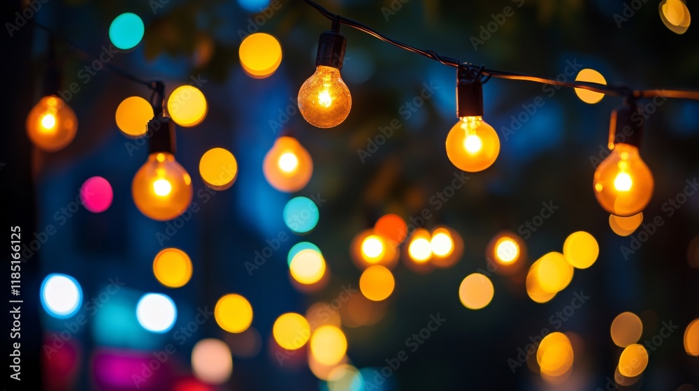 Aufkleber string lights illuminating night with warm golden glow and colorful bokeh