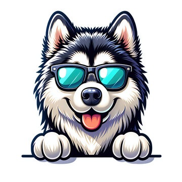 Happy alaskan malamute dog puppy wearing sunglasses peeking up cartoon vector illustration