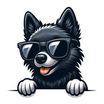 Schipperke peeking up with tongue out and wearing sunglasses cartoon 