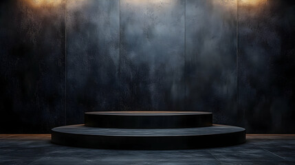 Dark studio platform, textured wall, spotlight, product display