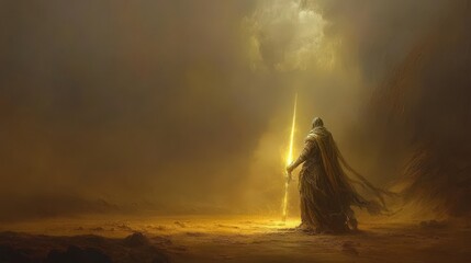 Lone Warrior Holds Glowing Spear in Desolate Landscape