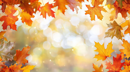Obraz premium Bokeh of fall colors with blurred light and autumn leaves framing scene