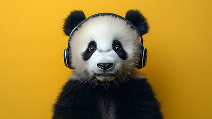 adorable panda with headphones listening to music on yellow background perfect for stock images and creative design concepts
